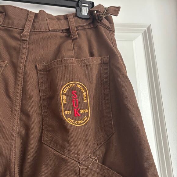 Suk Workwear Women’s Pants Umber Brown Sz 10 Raw Hem Wide Leg Construction - Picture 6 of 16